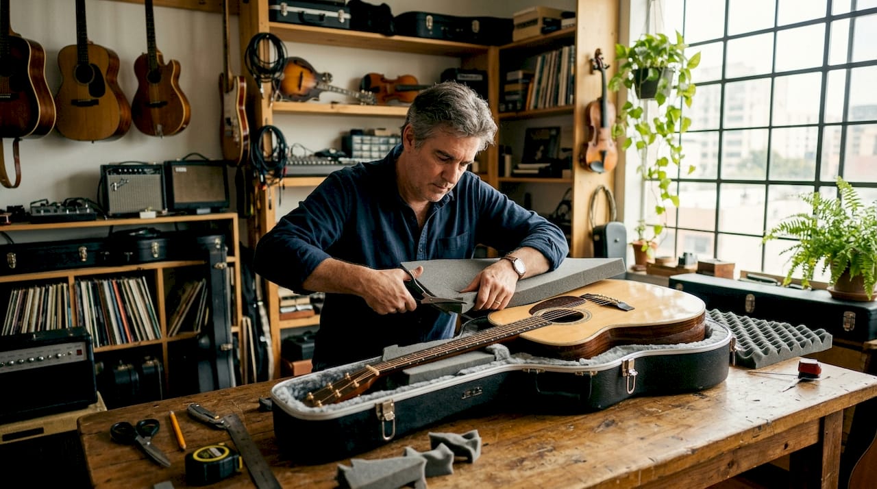Ein Gitarrenkoffer samt Zubehör liegt auf der Werkbank bereit.