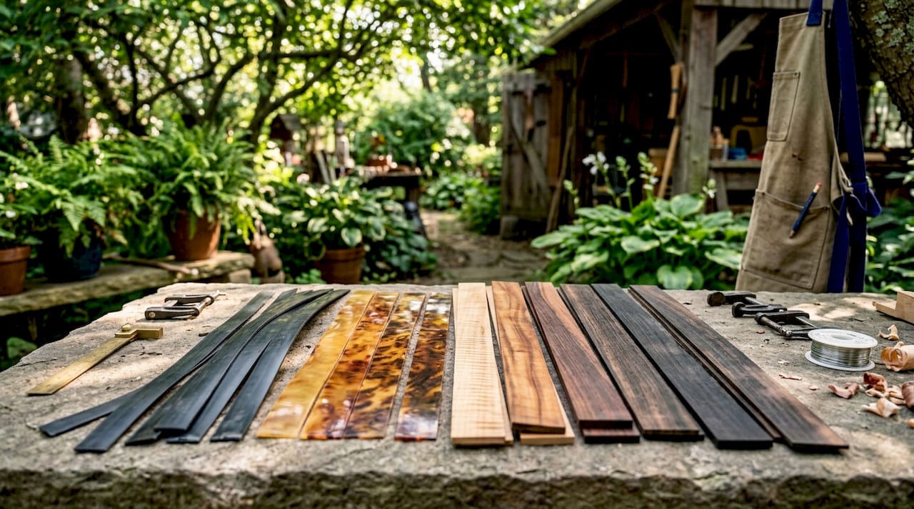 Various guitar binding materials on wooden table