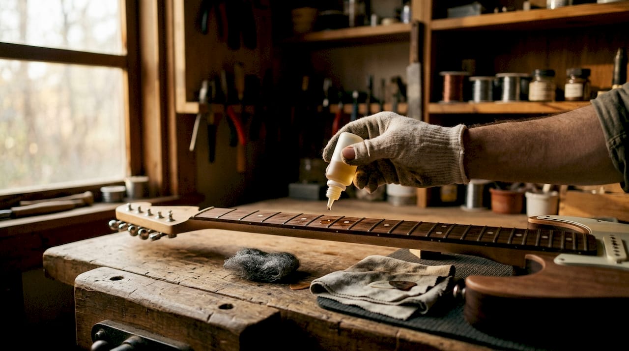 Mit etwas Öl wird das Griffbrett der Gitarre sorgfältig von Hand gepflegt.