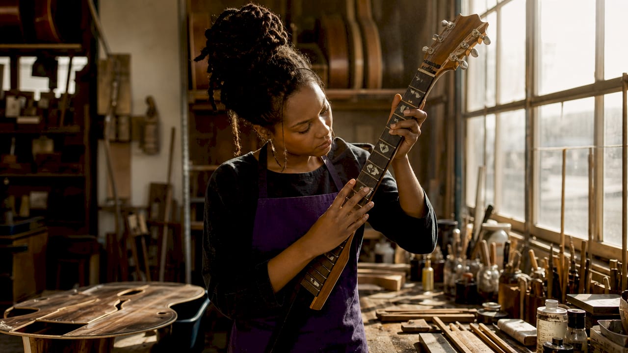 Luthier inspecting antique guitar neck