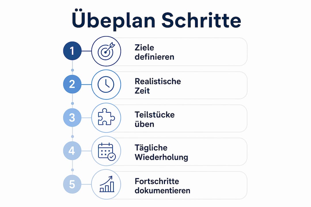 Schritt-für-Schritt-Infografik für einen effektiven Übeplan an der klassischen Gitarre