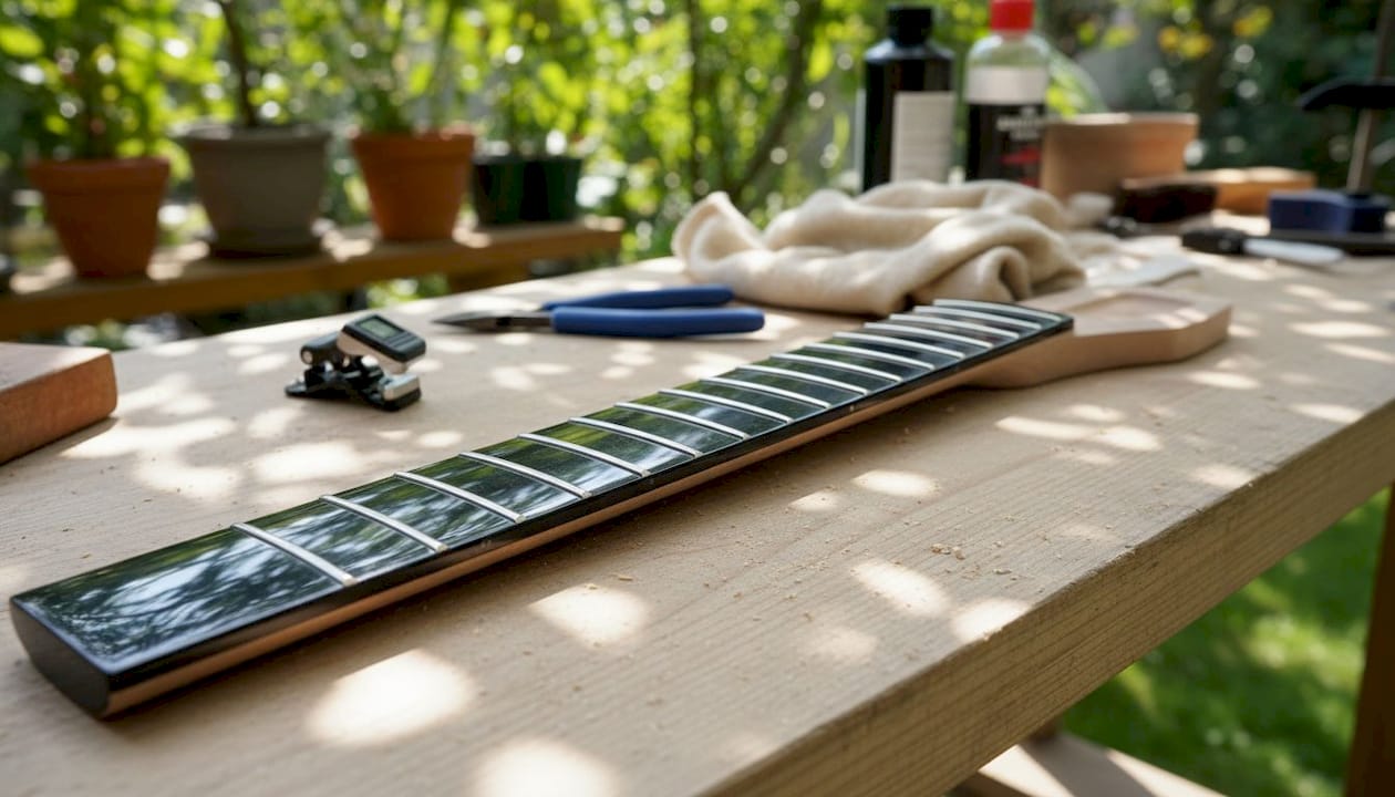 Close-up of guitar neck profile on workbench