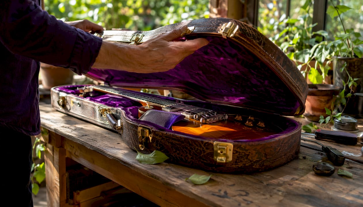 Hands opening vintage guitar hardshell case
