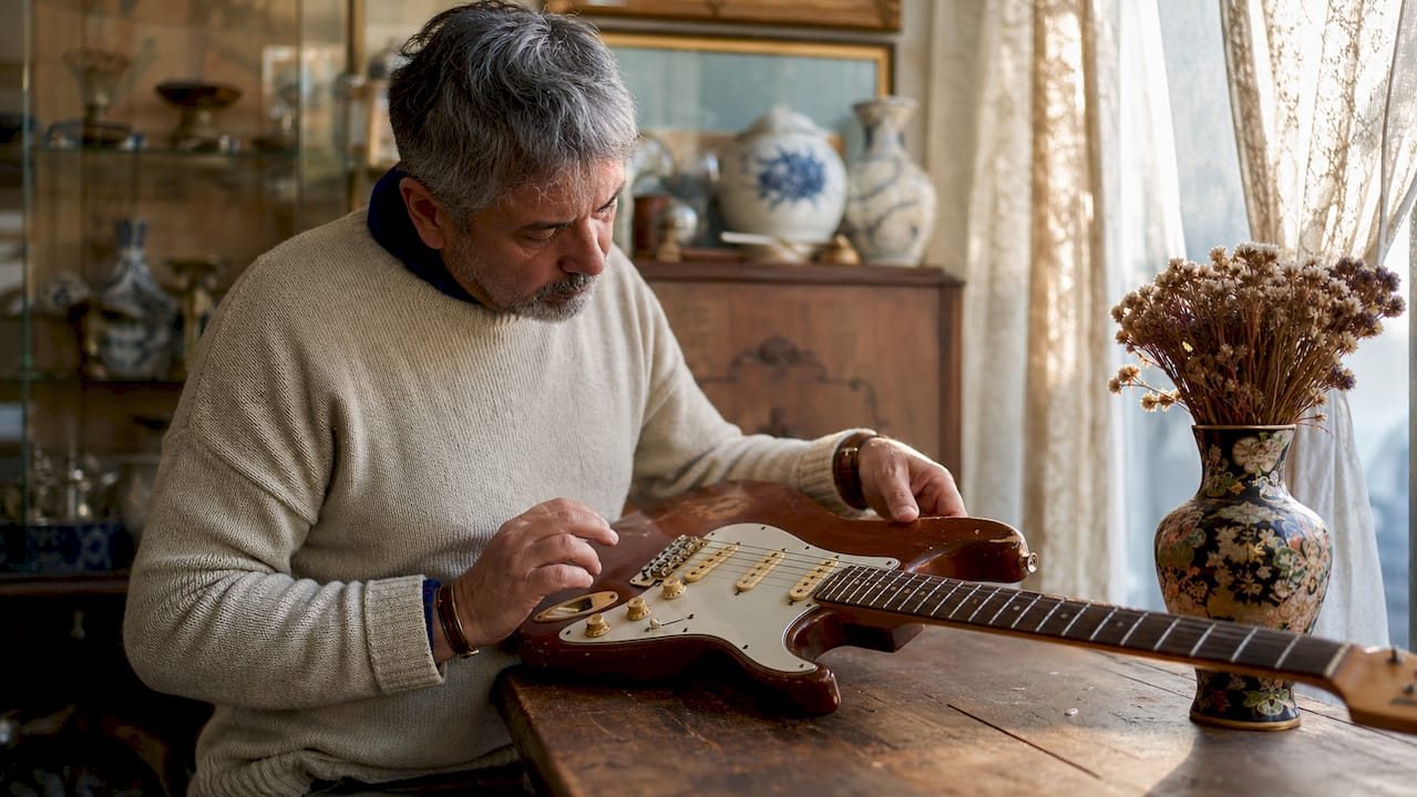 Appraiser examining vintage guitar for authenticity