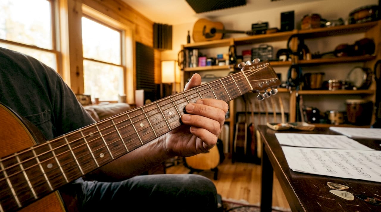 Detailaufnahme eines Akustikgitarrenhalses mit C-Profil
