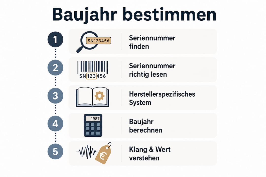 Infografik: So findest du das Baujahr deiner Gitarre heraus – Schritt für Schritt erklärt