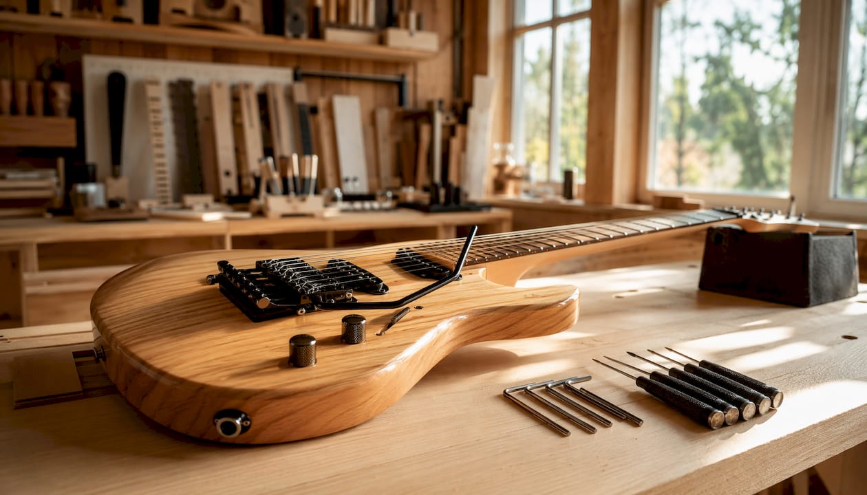 Ein Floyd Rose Tremolo-System liegt gerade zur Wartung auf der Werkbank.