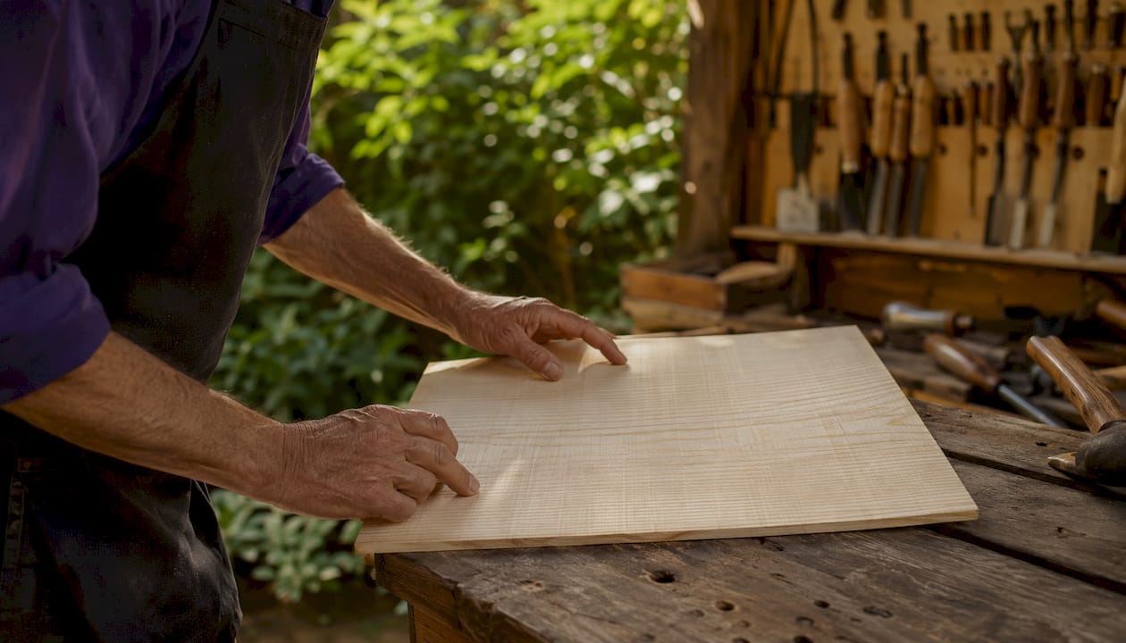 Close-up of luthier hands selecting spruce wood