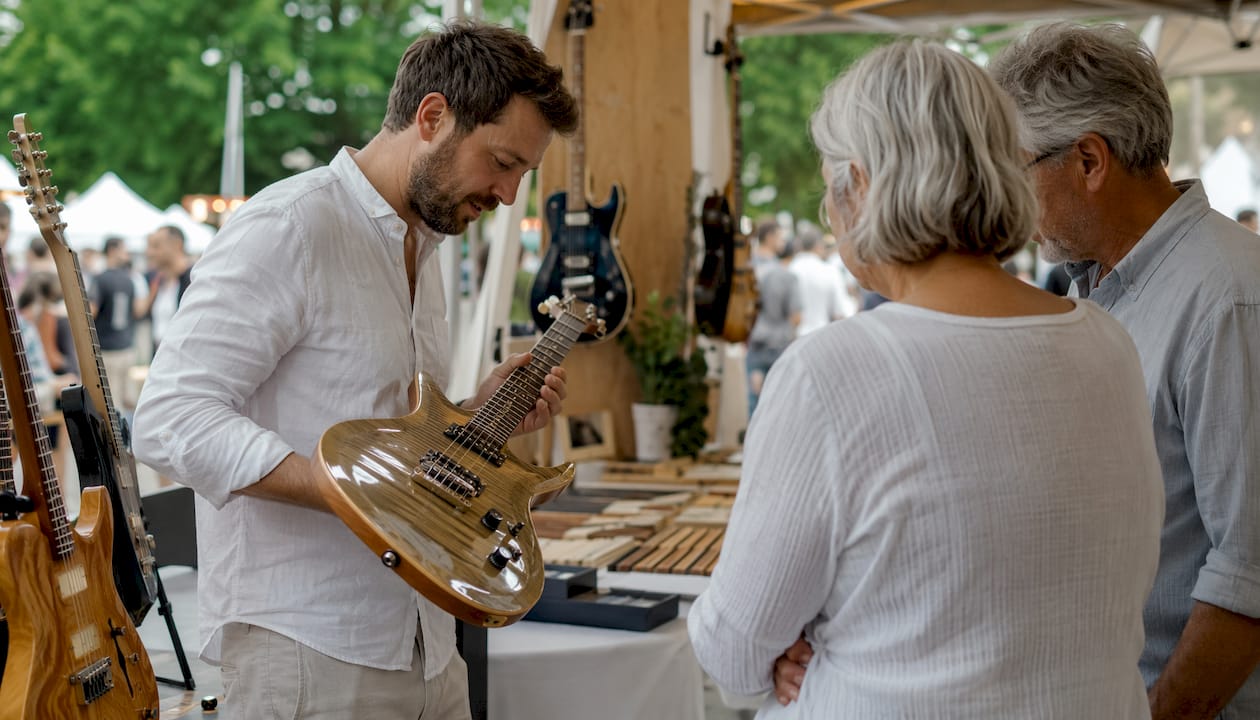 Am Messestand gibt ein Gitarrenbauer spannende Einblicke in die Welt der E-Gitarre.