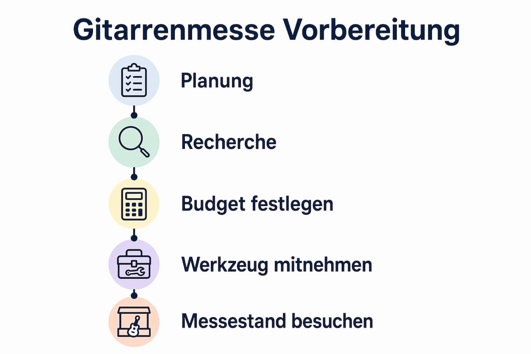 Die Infografik veranschaulicht die wichtigsten Schritte zur Vorbereitung auf die Gitarrenmesse.