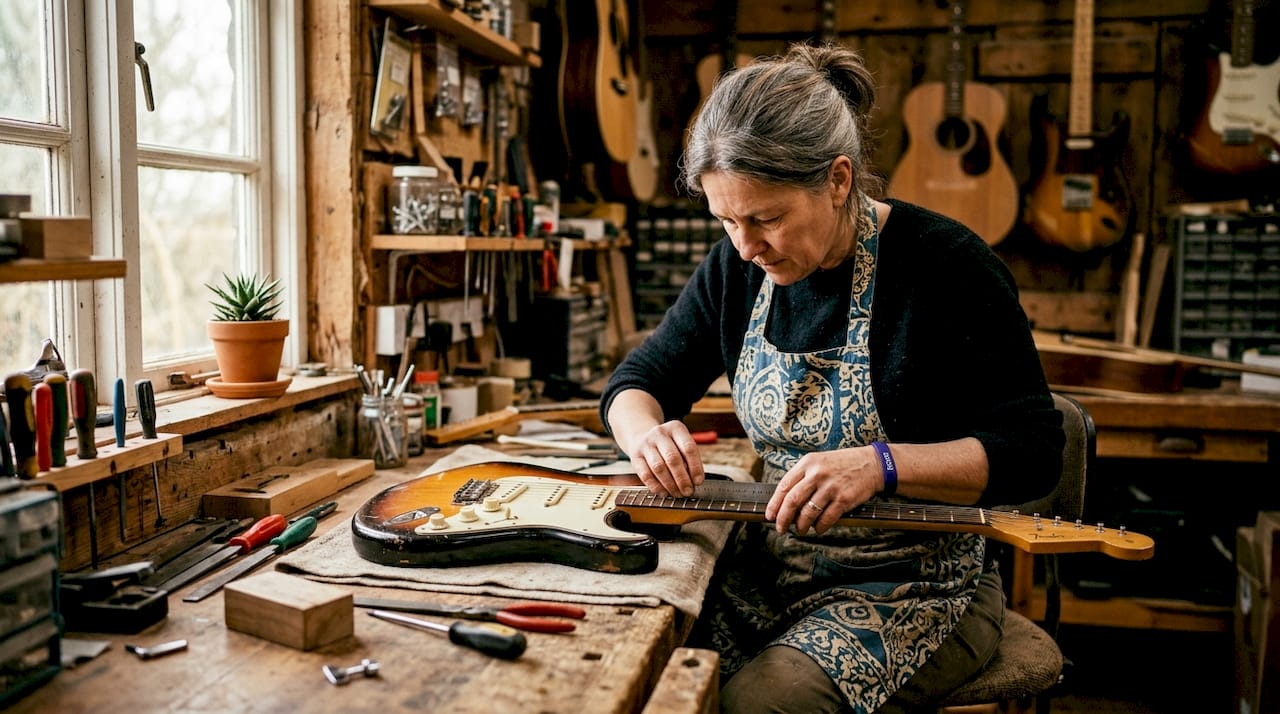 Hands filing nut slots on vintage guitar