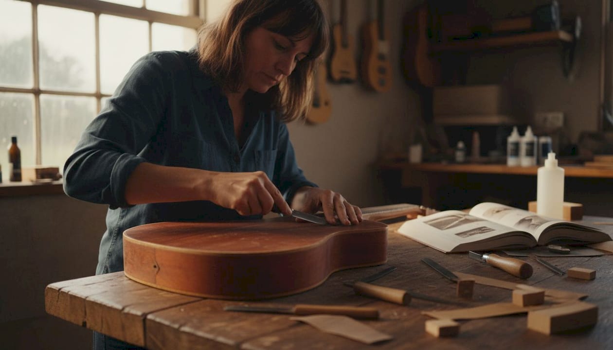 Ein erfahrener Gitarrenbauer haucht einem alten Gitarrenkorpus neues Leben ein.