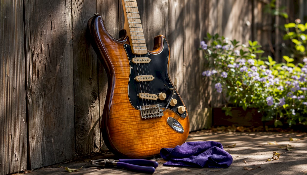Close-up of electric guitar body and neck joint