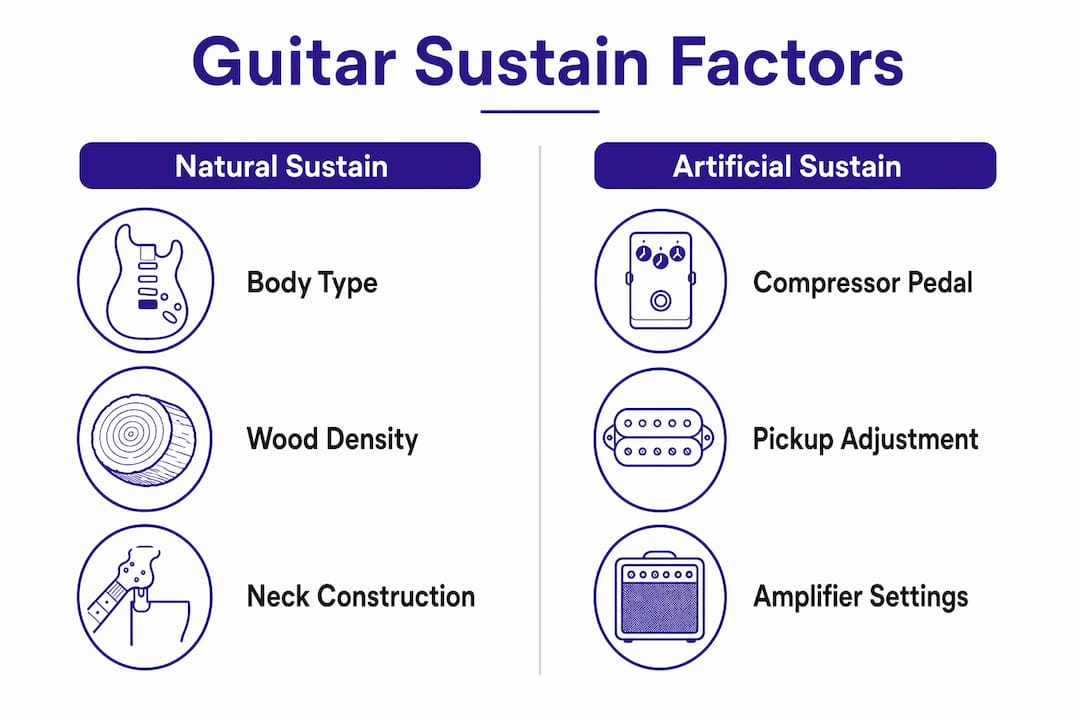 Infographic showing guitar sustain natural vs artificial factors