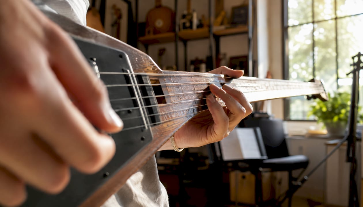 Detailaufnahme: Hände umgreifen den Hals einer Gitarre mit V-Profil.