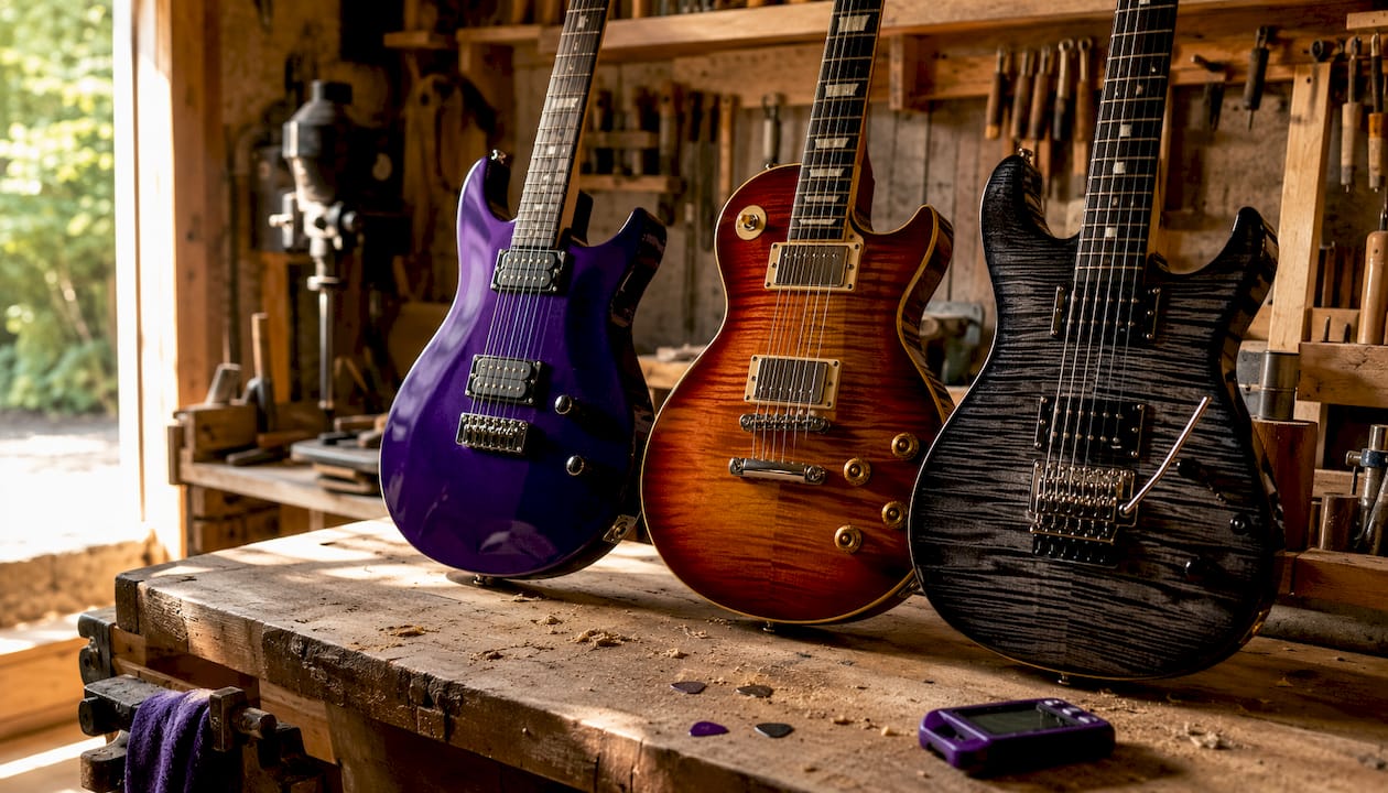 Top view of guitars with fixed and tremolo bridges