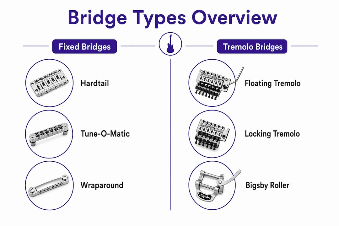 Infographic comparing fixed and tremolo guitar bridges