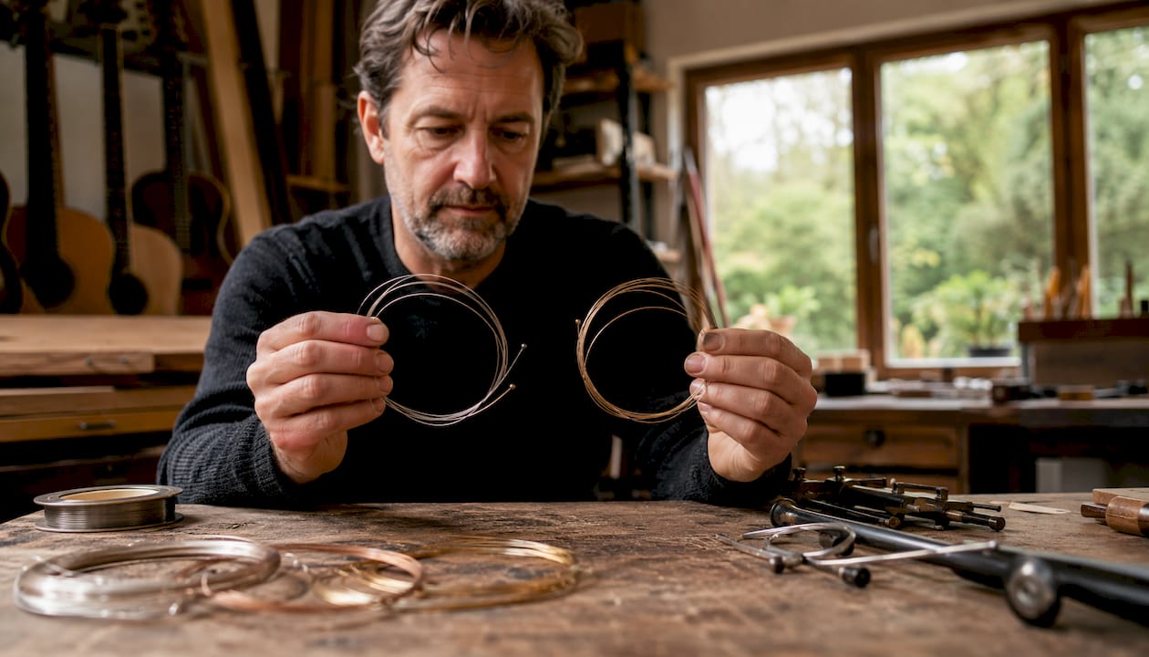 Ein Gitarrenbauer präsentiert verschiedene Kernformen von Gitarrensaiten.