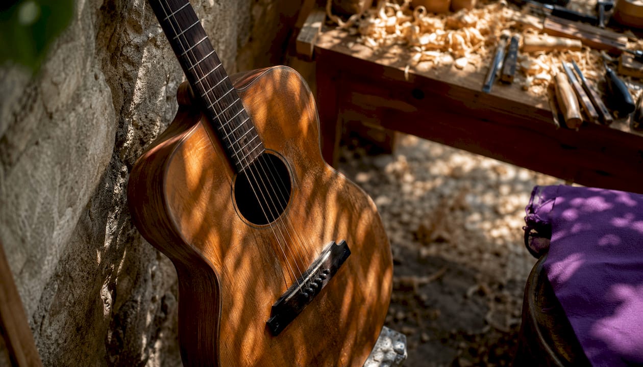 Close-up of vintage lightweight acoustic guitar craftsmanship