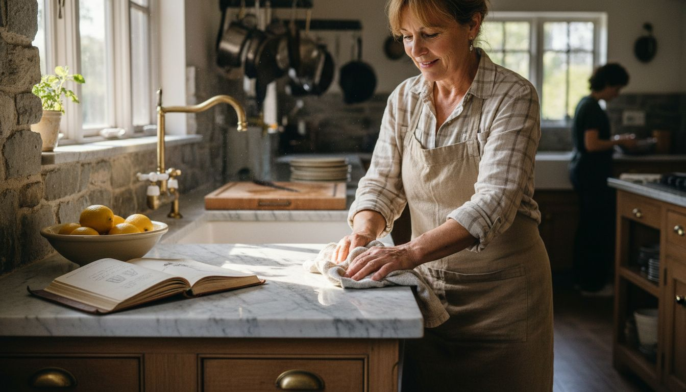 Chef cleaning marble countertop in busy kitchen