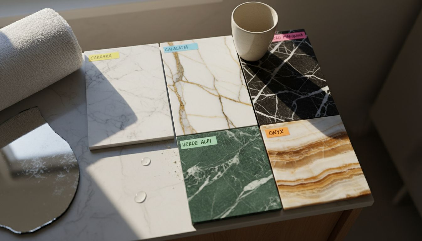 Assorted marble samples on bathroom counter