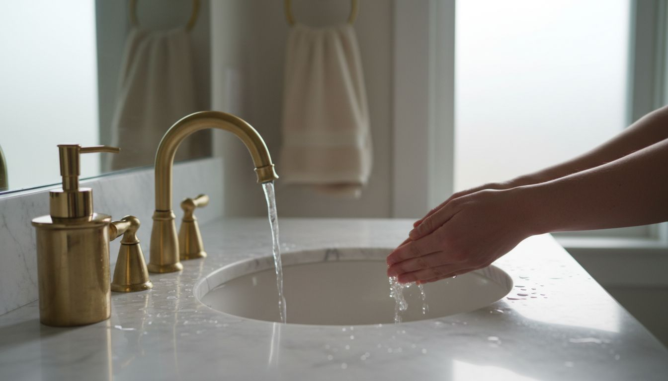 Hands at marble bathroom sink up close