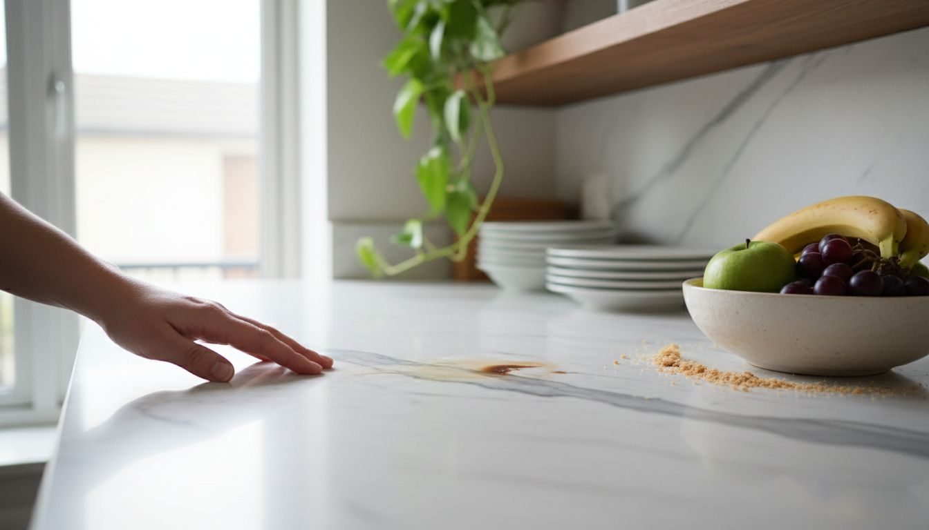 Hand touches veined marble countertop detail
