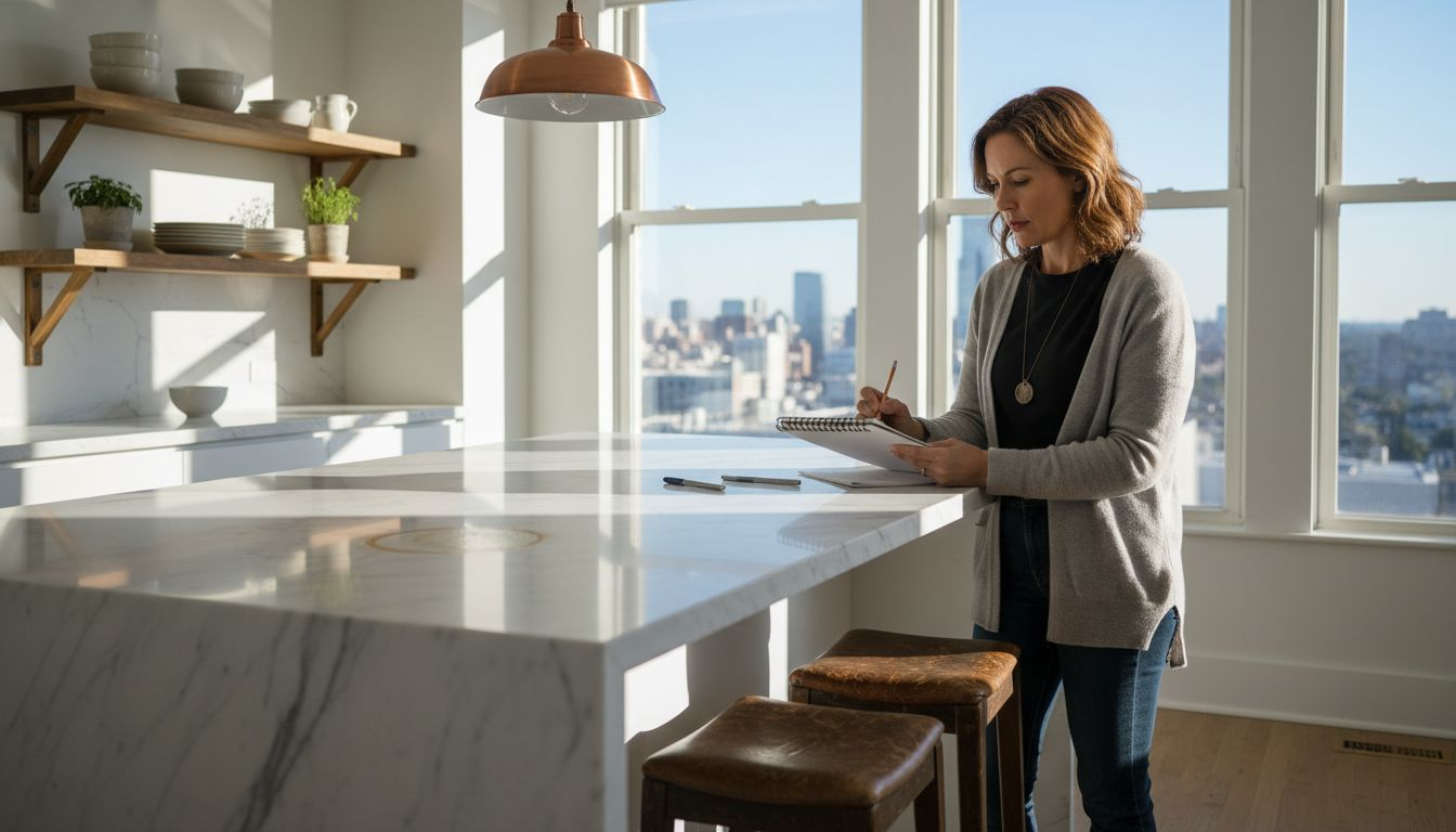 Designer sketching at marble kitchen island