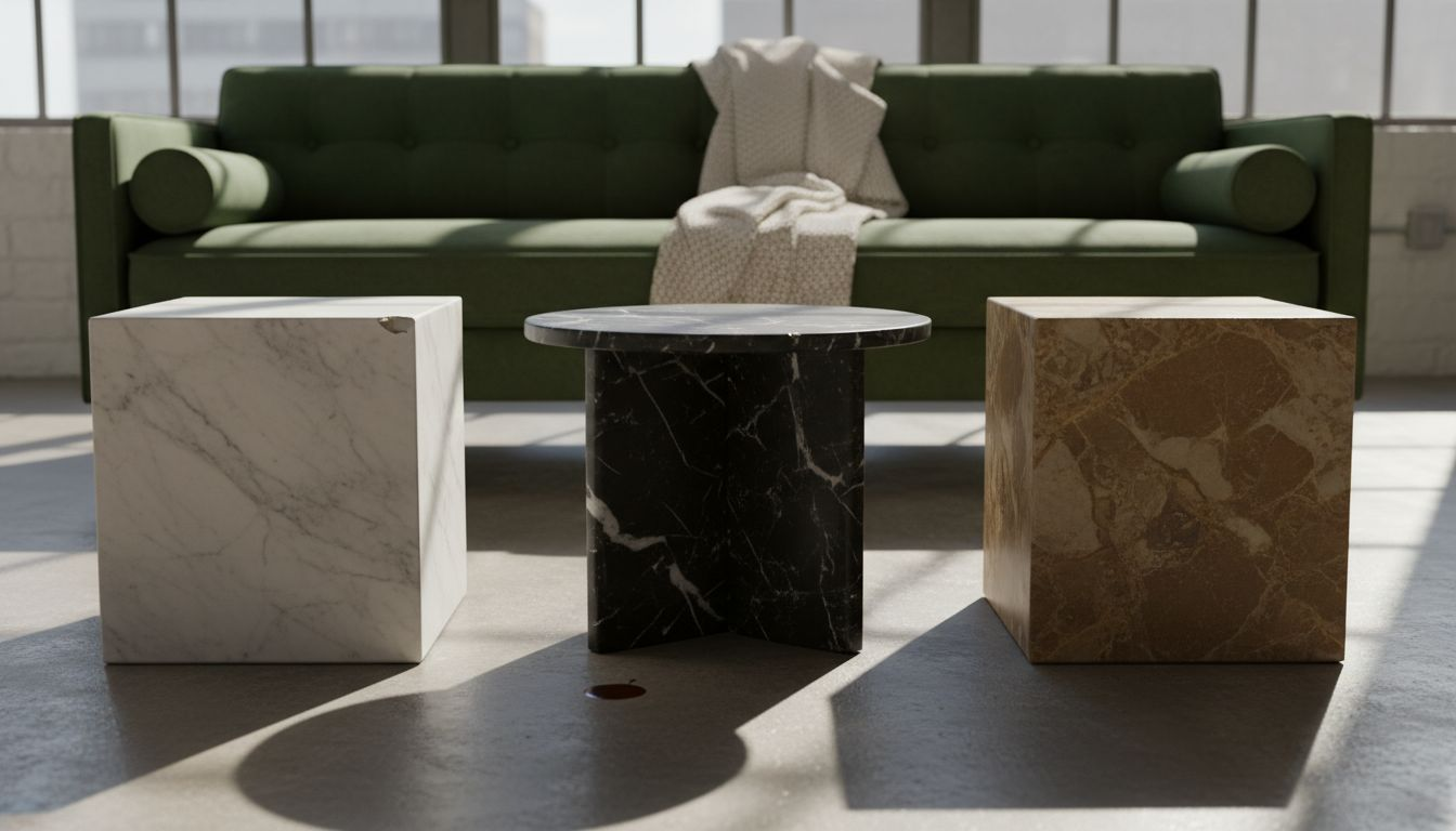 Three marble tables with unique colors