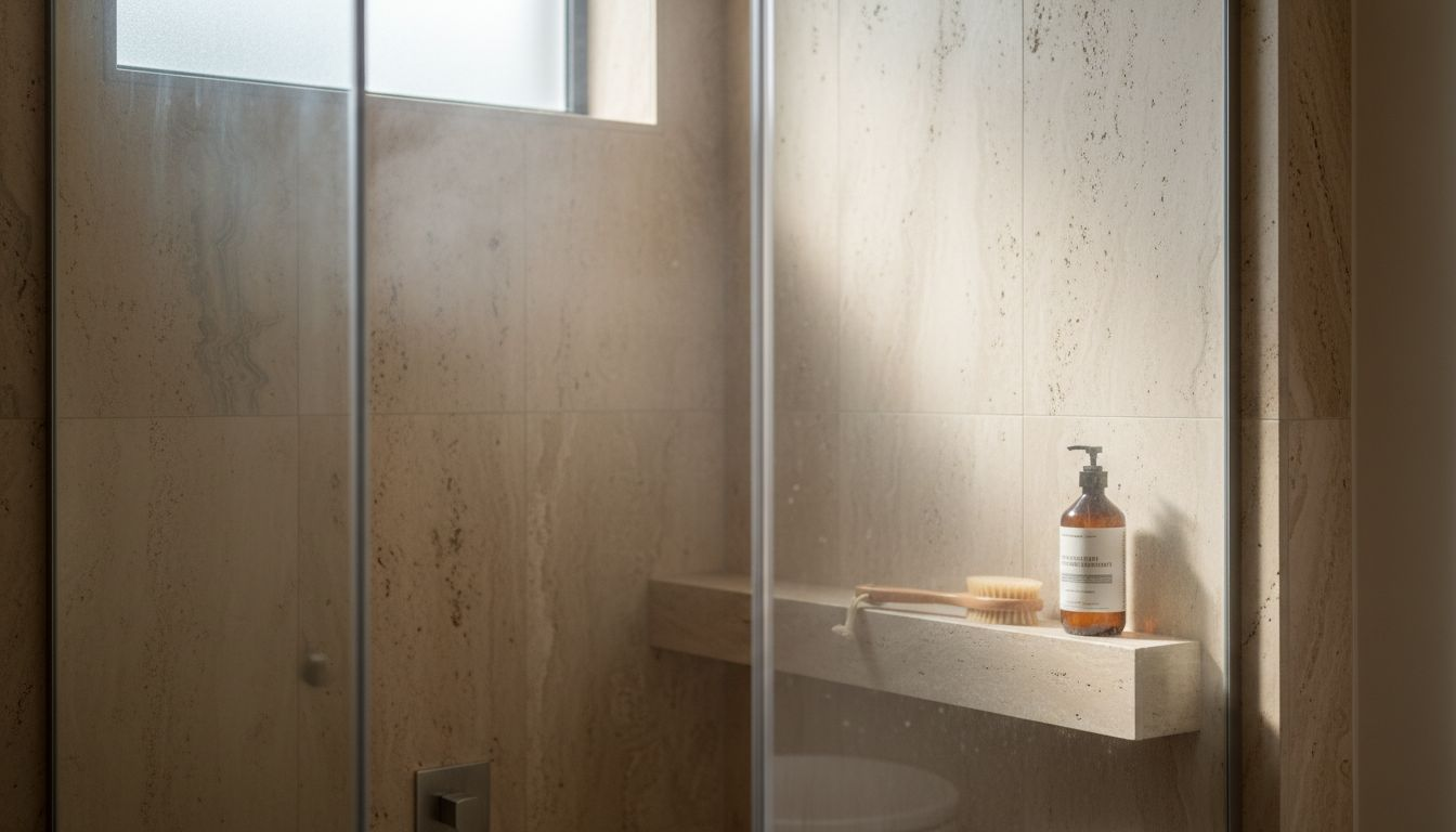 Close-up detail of travertine shower tiles