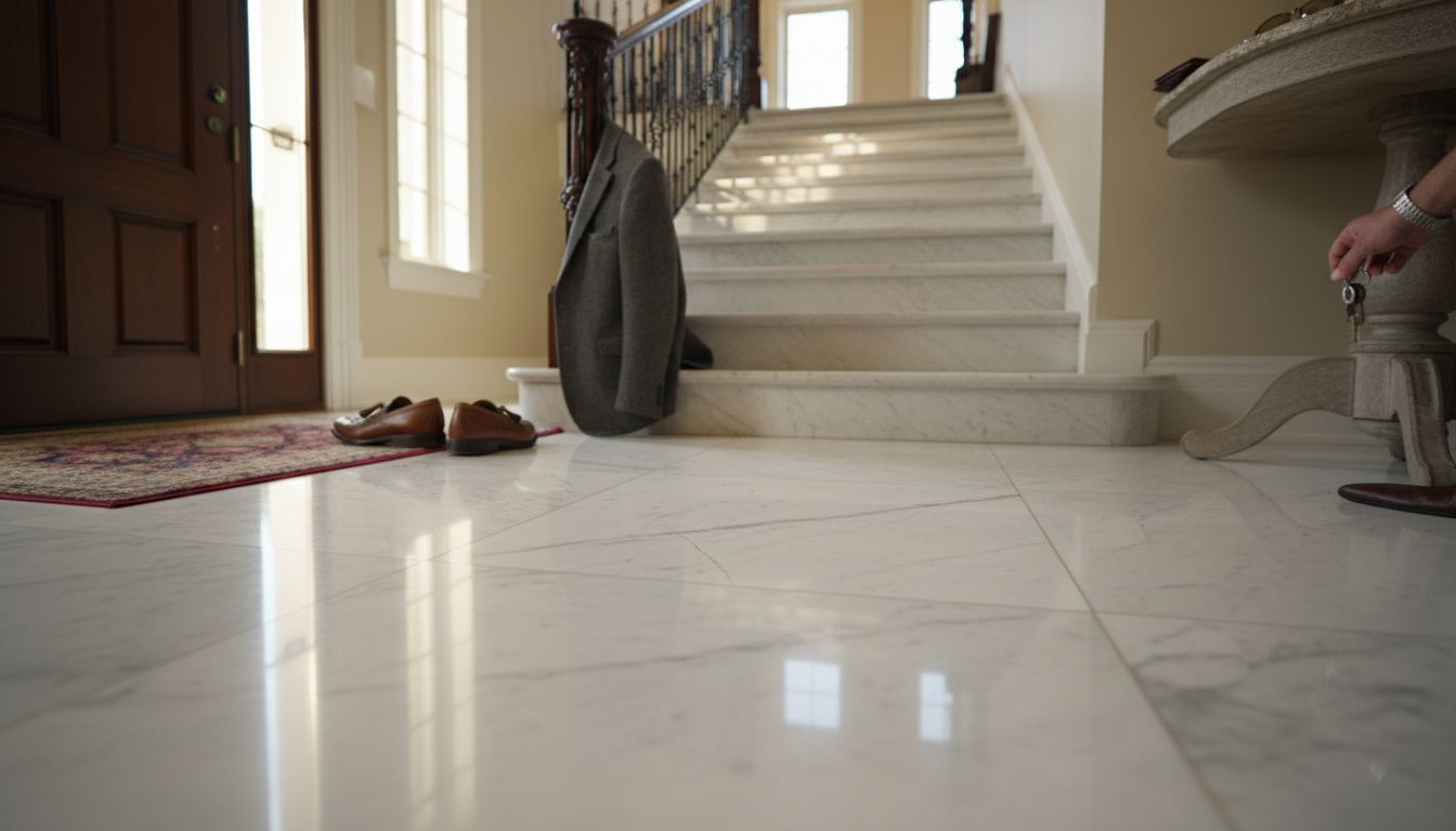Luxurious marble entryway with staircase and console