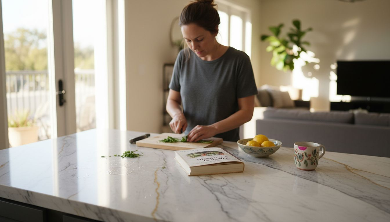 Hausbesitzer nutzen Marmorique als Arbeitsfläche auf der Kücheninsel