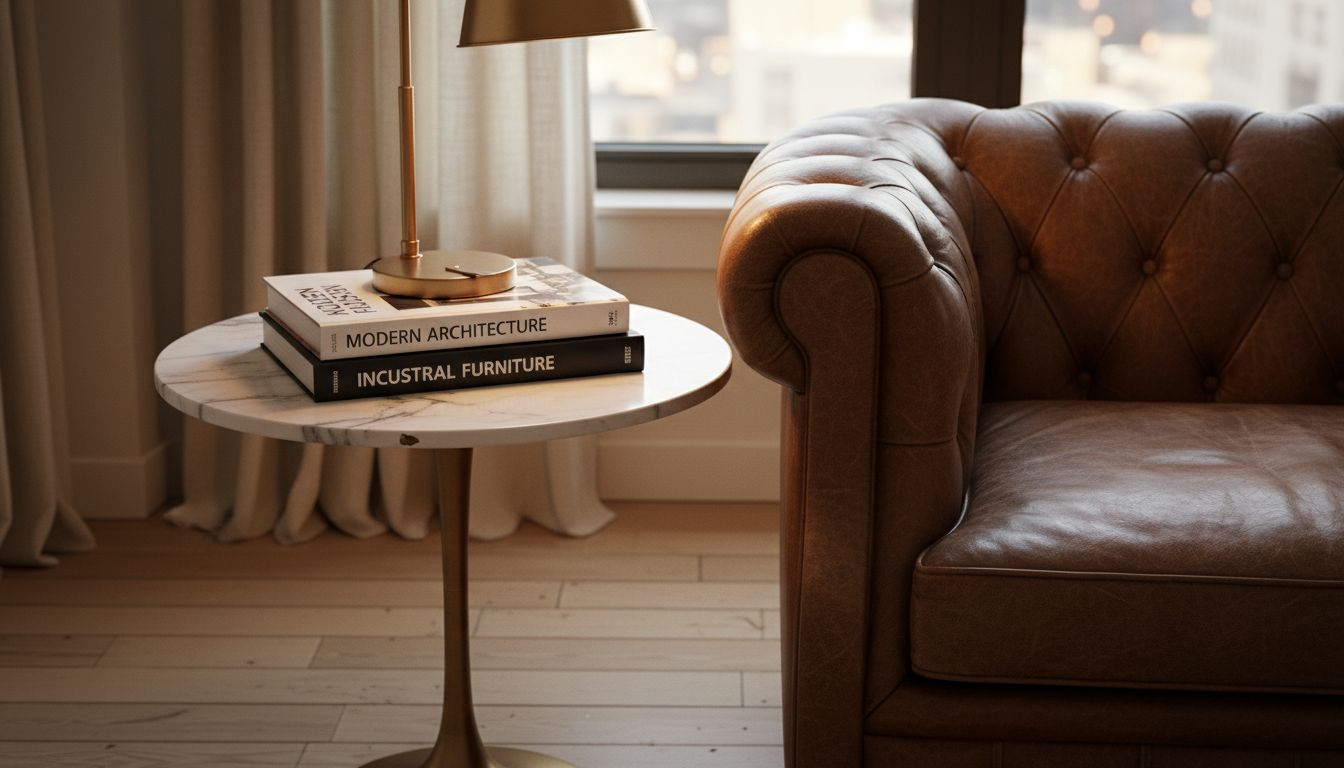 Marmorique-Beistelltisch mit Messing und Büchern