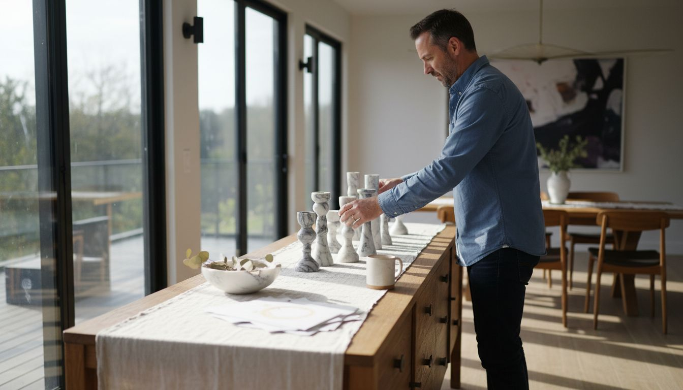 Marmeren kandelaars op dressoir in eetkamer