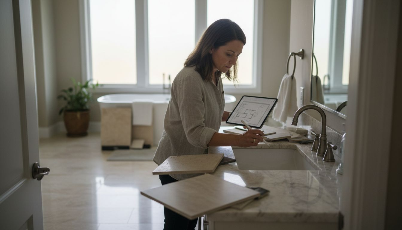 Designer evaluating travertine finishes in bathroom