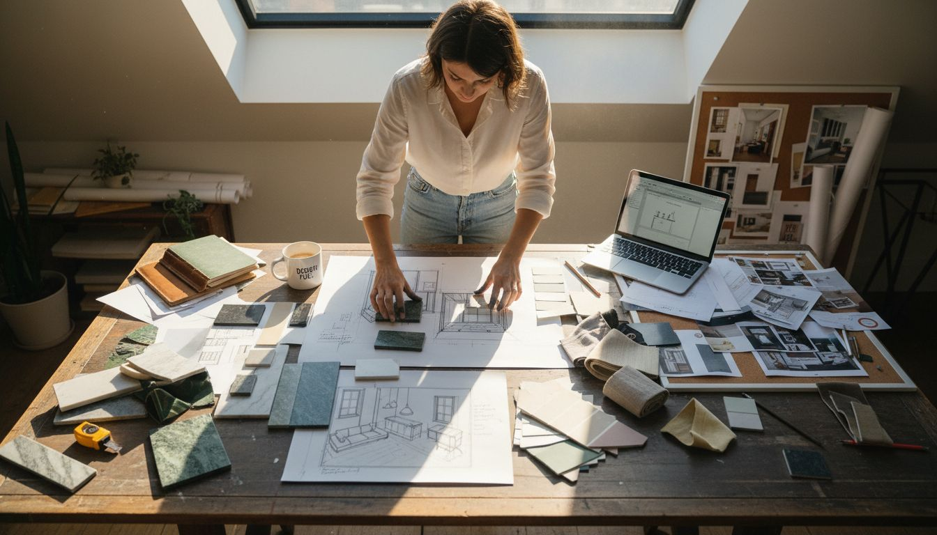 Marble mood board materials on designer’s table