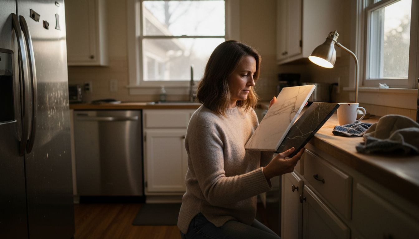 Homeowner comparing marble samples with lighting