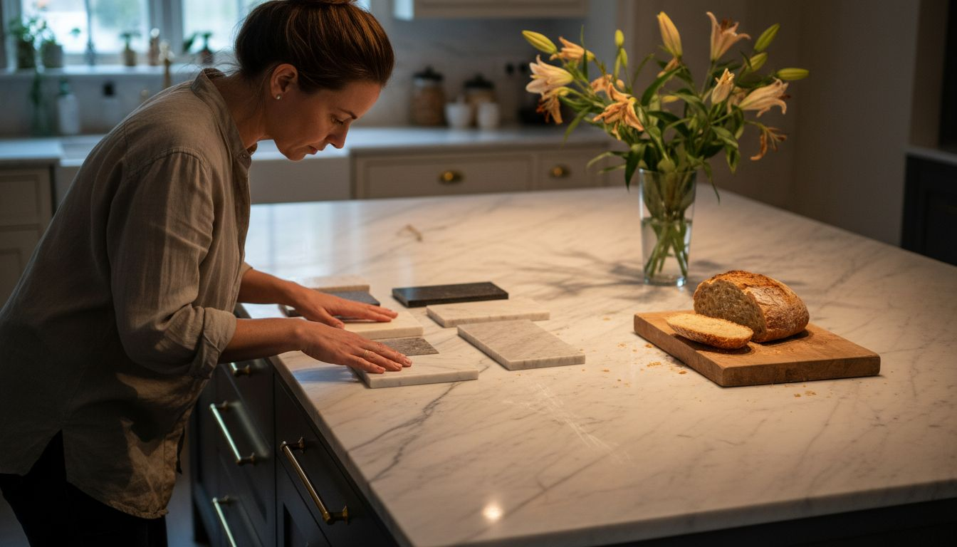 Designer betrachtet Marmorarbeitsplatte in der Küche