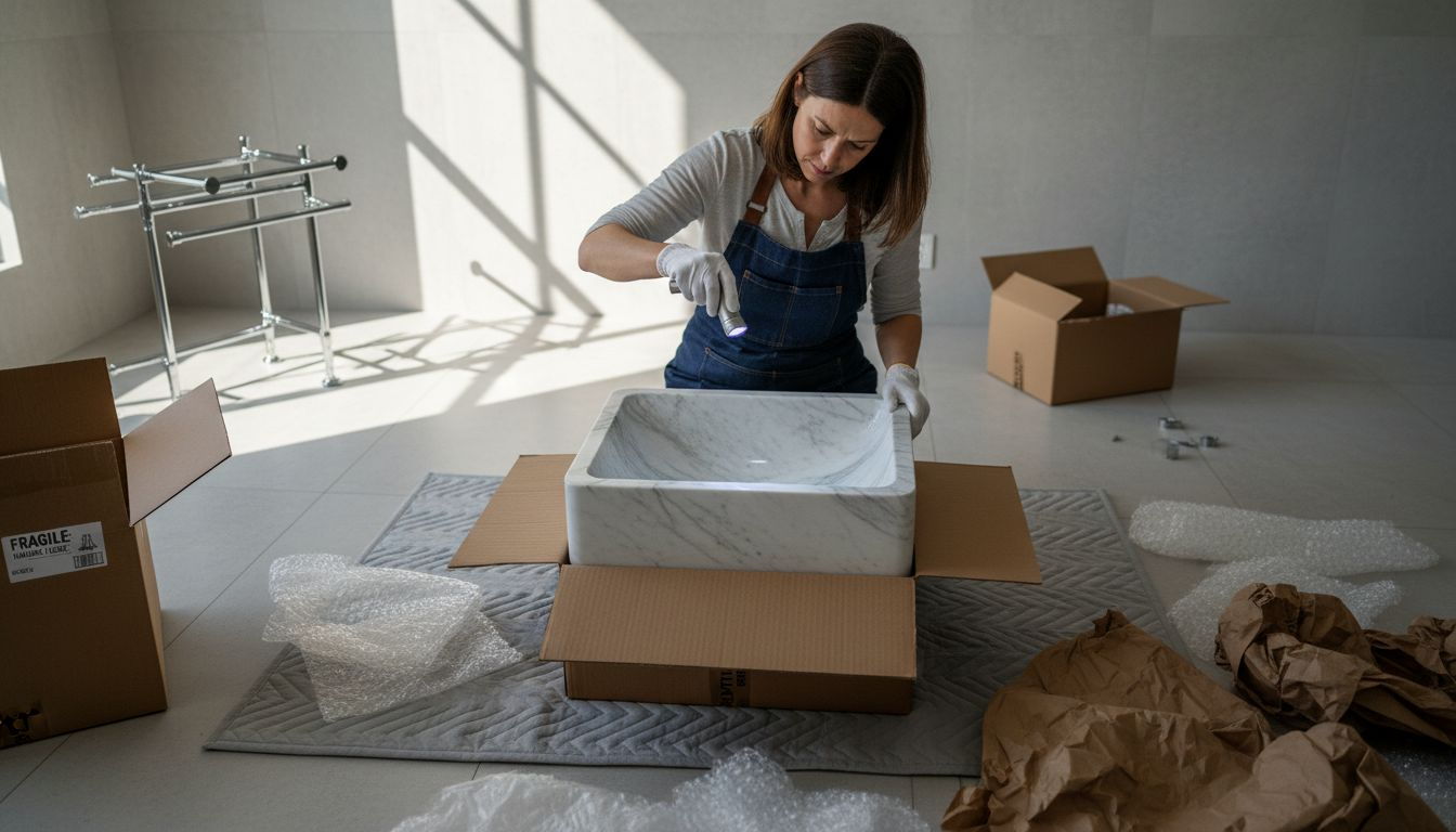 Woman inspecting unpacked marble bathroom sink
