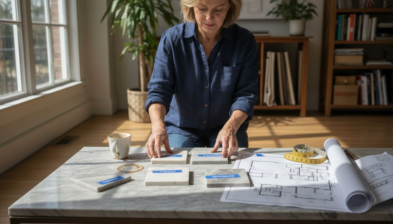 Designer arranging labeled marble samples