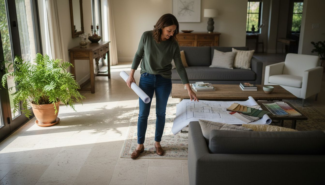 Designer bewertet Travertin-Bodenbelag im Wohnzimmer