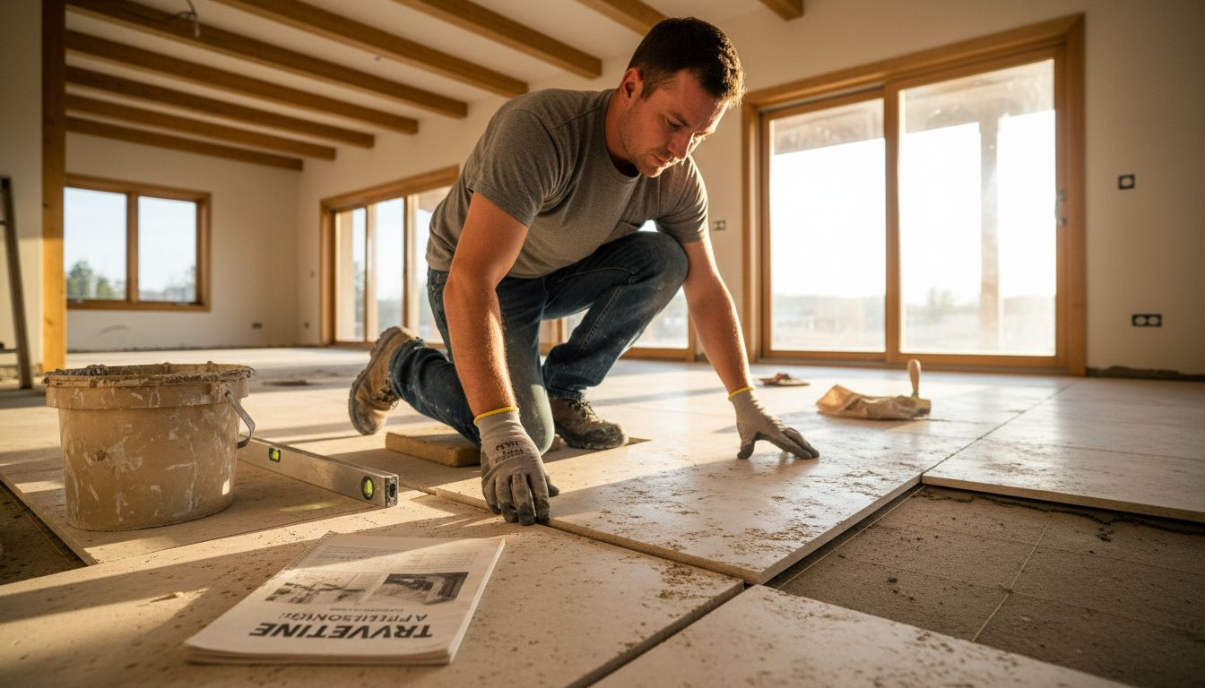 Installer aligning travertine tile in bright living room