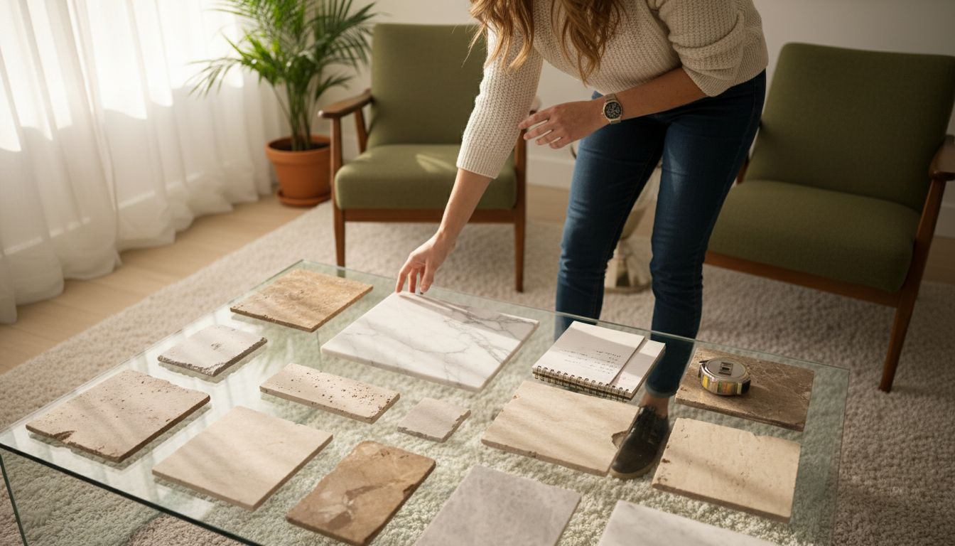 Designer comparing marble and travertine samples