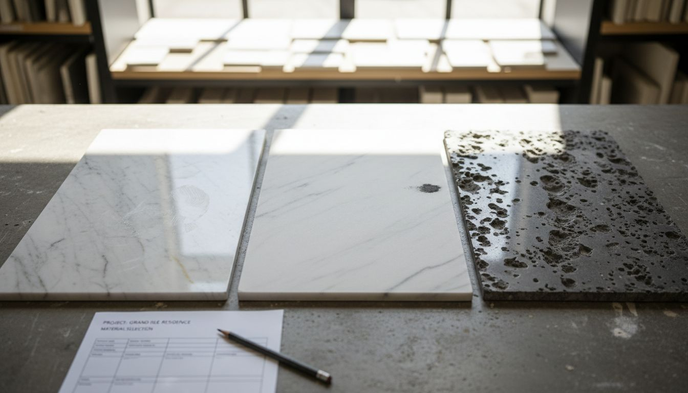 Closeup of polished, honed, leathered marble tiles