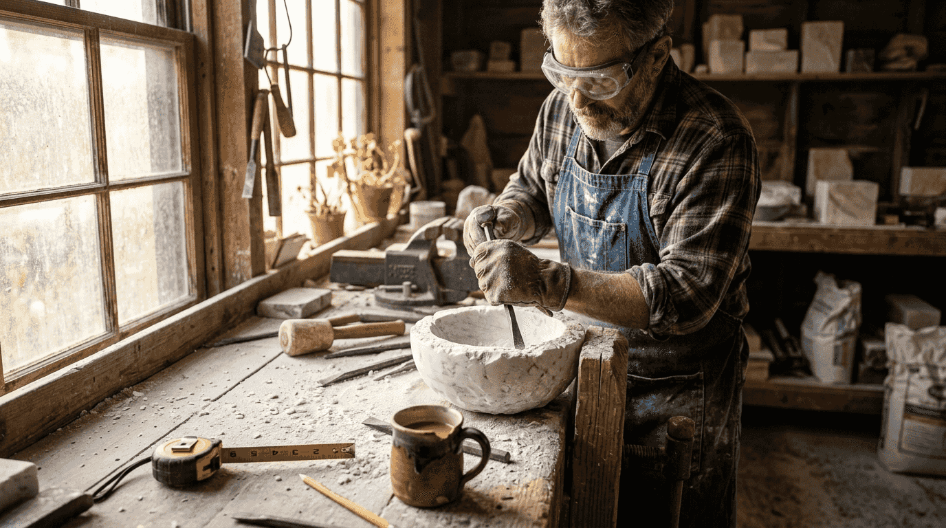 Stone artisan crafting marble decor by hand