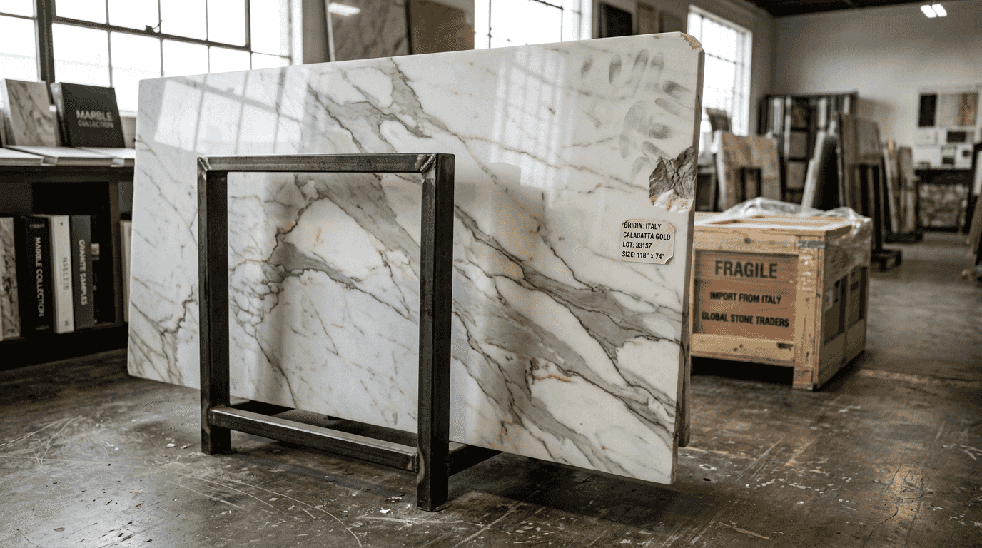 Closeup view of marble slab veining details