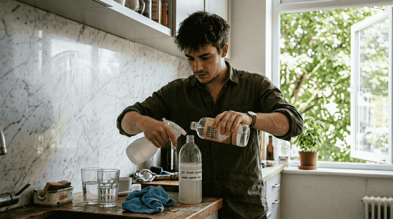 Man preparing marble cleaner at kitchen counter
