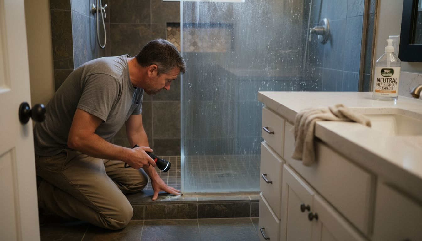 Homeowner checks durability of stone tiles