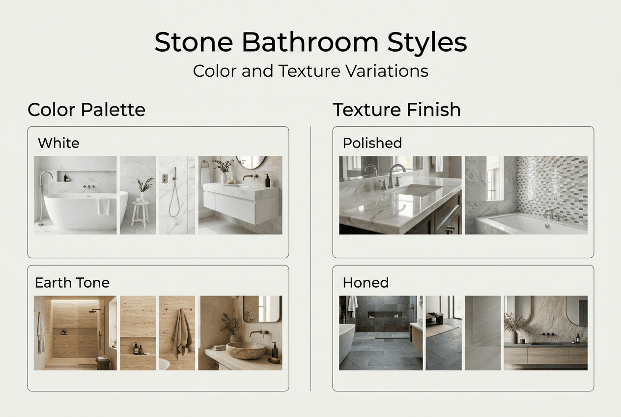 Infographic showing stone bathroom color and texture options