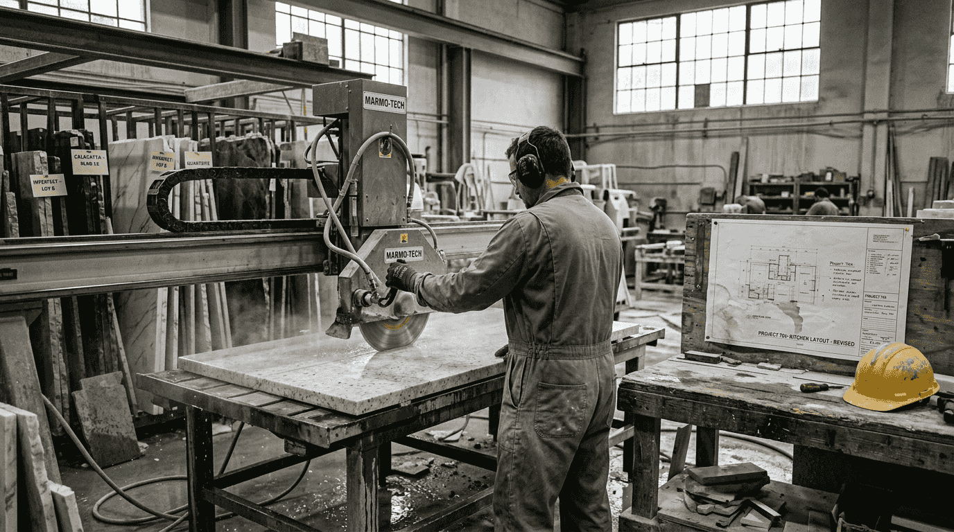Technician cutting marble slab in workshop